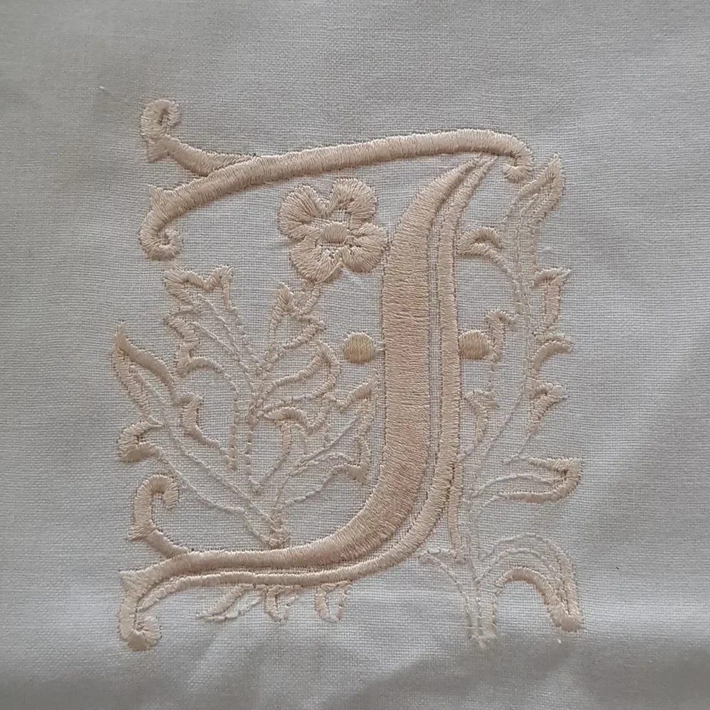 Guest Towel White Linen Embroidered Letter “T” in Cream Guest Bath Towel Cotton